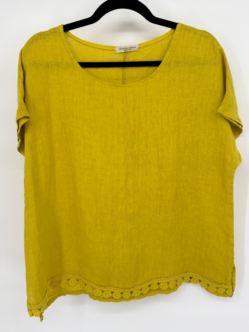 Francesca‎ Bettini Italian Linen Lace Hem Blouse Boho Cottagecore Short Sleeve